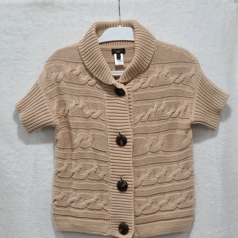 Talbots Petites Beige Cable Knit Shawl Collar Short Sleeve Cardigan PP